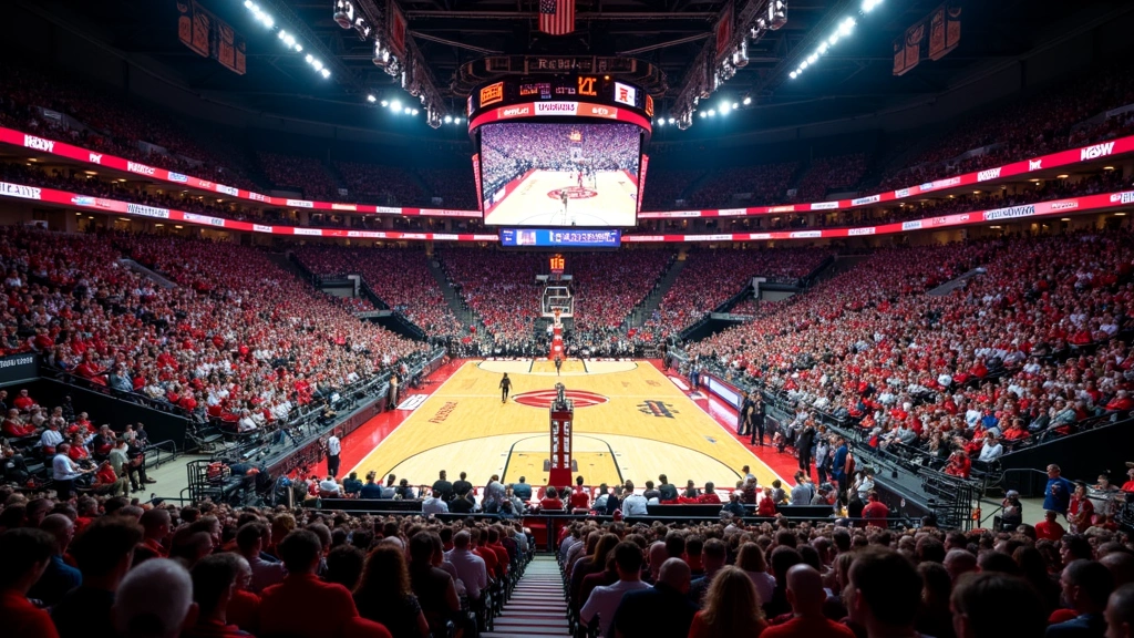 Wide arena shot showing packed stadium crowd during college basketball game with team benches visible, energetic atmosphere with crowd in team colors, overhead perspective showing full court