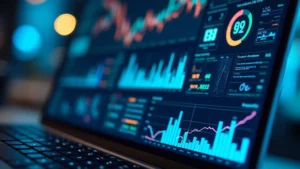 Close-up of laptop screen displaying complex data visualization dashboards with colorful charts, graphs, and performance metrics in a modern tech workspace environment with blue lighting