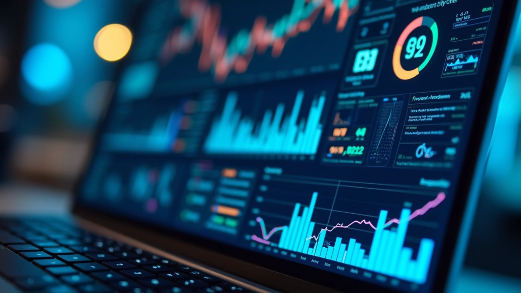 Close-up of laptop screen displaying complex data visualization dashboards with colorful charts, graphs, and performance metrics in a modern tech workspace environment with blue lighting