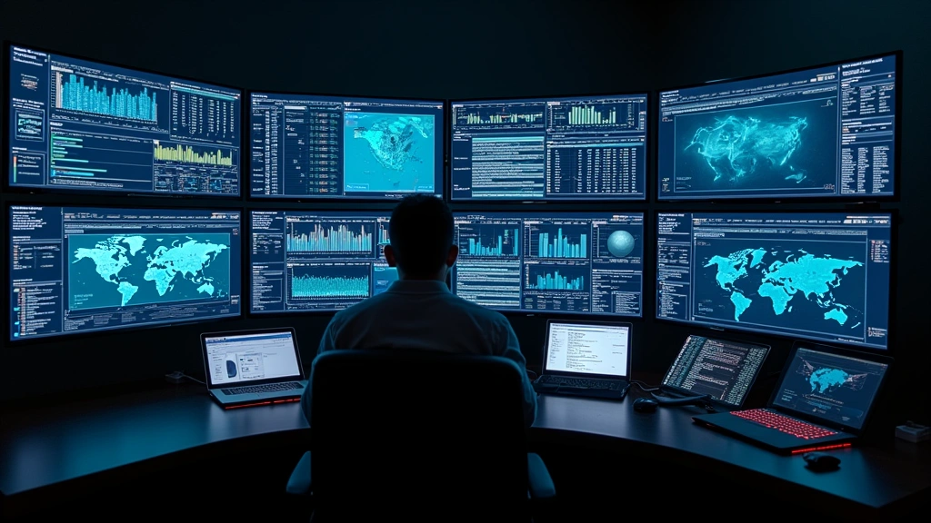 Professional sports analytics control room with multiple high-resolution monitors showing real-time game statistics, heat maps, and predictive algorithm outputs on dark background