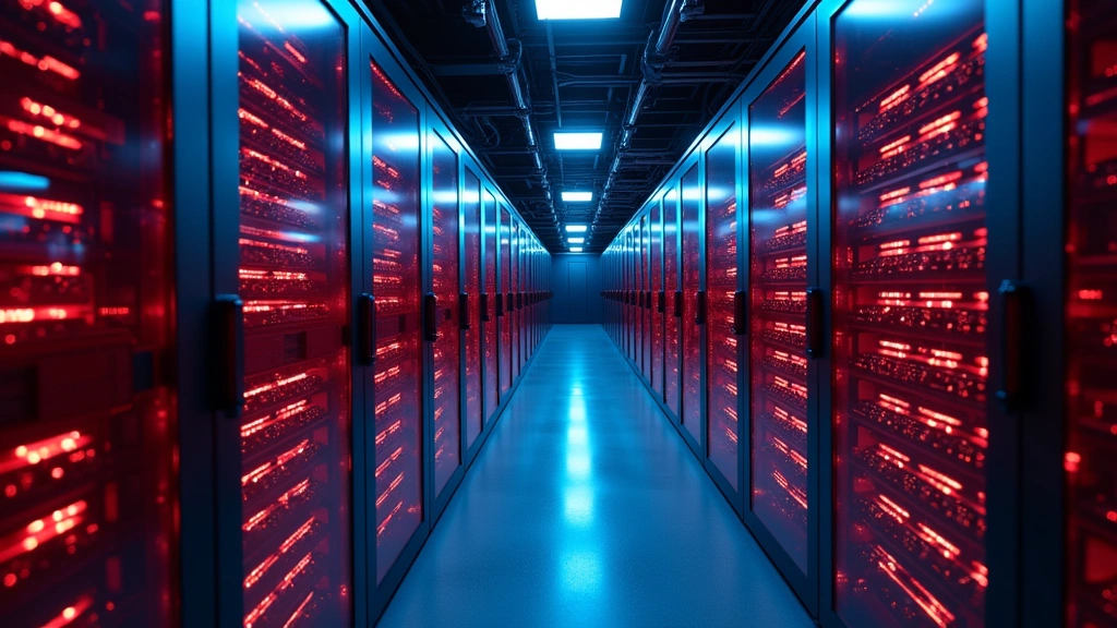 Advanced AI technology server room with glowing red and blue LED lights, metallic computing hardware, and network cables illustrating enterprise-level machine learning infrastructure