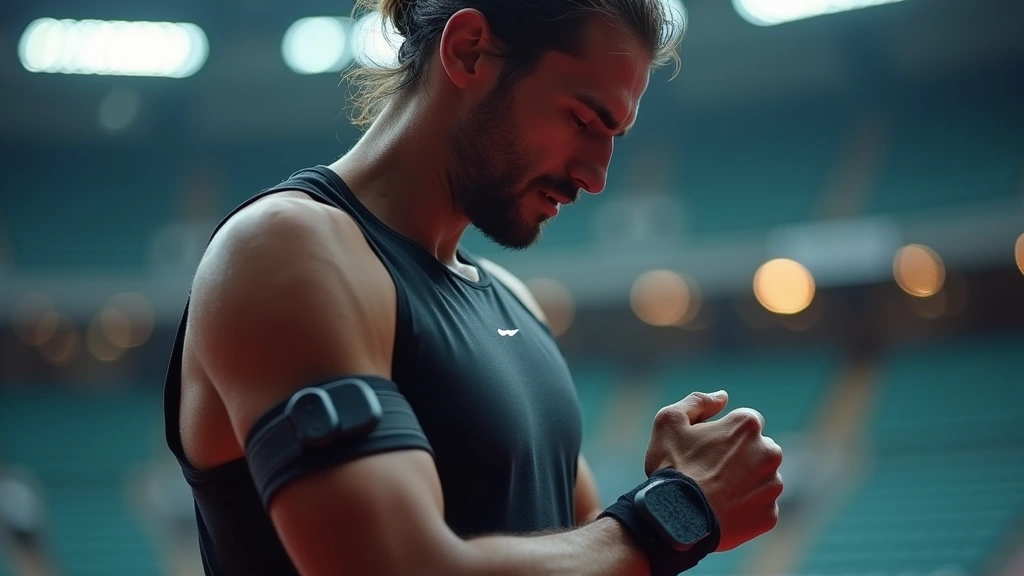 Athlete wearing multiple biometric sensor devices and WHOOP band during intense training session, sweat visible, professional stadium lighting, close-up on wrist and chest sensors
