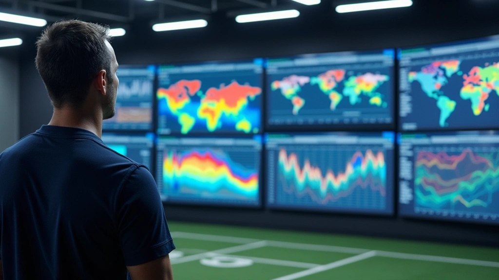 Coach analyzing real-time performance data on large digital display screens showing athlete metrics, heat maps, and movement trajectories in modern athletic facility