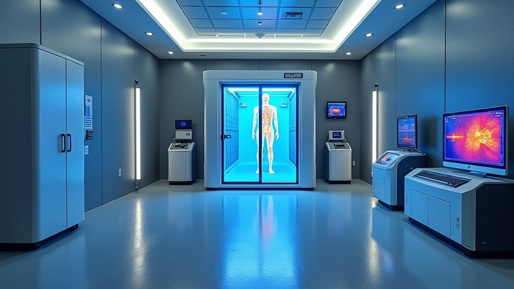 Recovery technology room with cryotherapy chamber, pneumatic compression equipment, and thermal imaging systems, sleek modern sports medicine facility environment