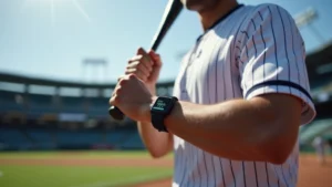 Professional baseball player wearing advanced wearable fitness tracker on wrist during batting practice, stadium background blurred, daytime lighting, photorealistic