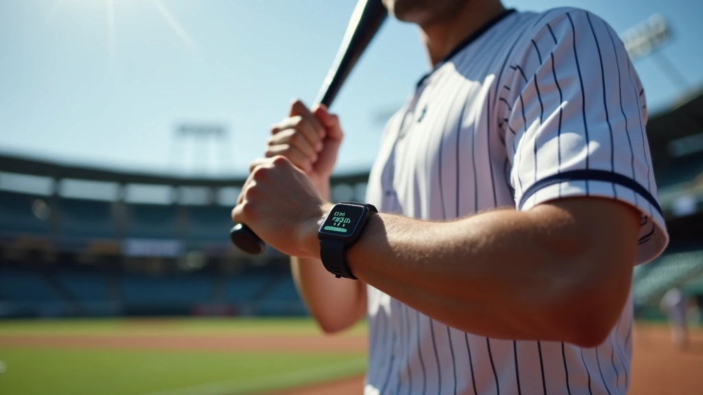 Professional baseball player wearing advanced wearable fitness tracker on wrist during batting practice, stadium background blurred, daytime lighting, photorealistic