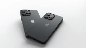 Professional product photography of iPhone 16 in space black color, showing sleek titanium frame and refined camera module design, shot against clean white background with subtle shadows