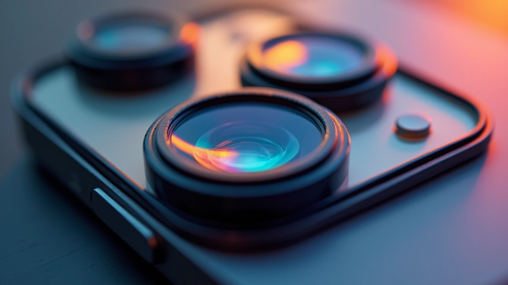 Close-up macro photography of iPhone 16 camera system displaying triple lens setup with vibrant color rendering and sharp detail, natural lighting highlighting glass optics