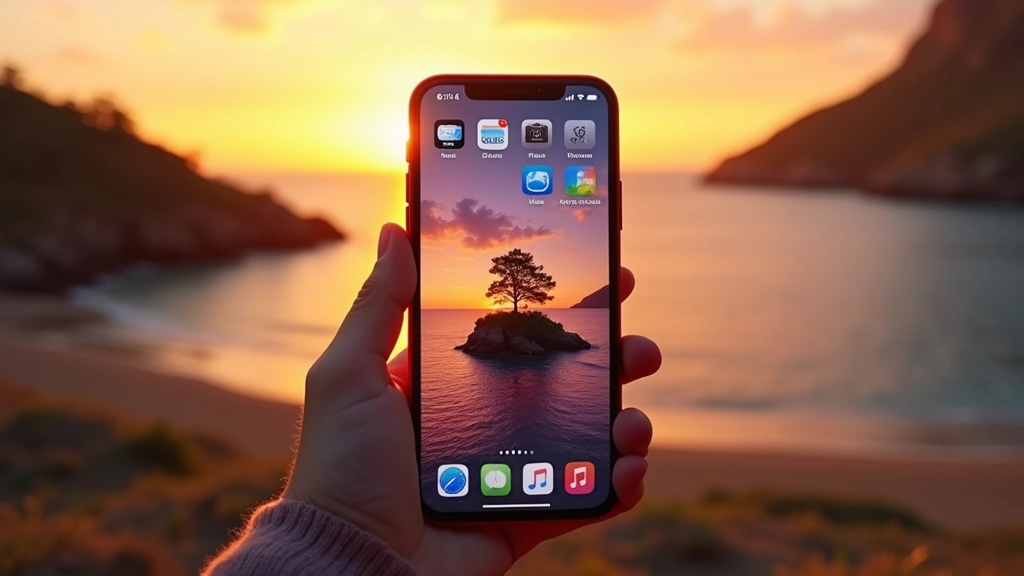Lifestyle photography of iPhone 16 displaying vivid Super Retina XDR screen with colorful app icons and dynamic island, held in hand during outdoor sunset scene with warm golden light