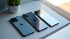 Professional photography of latest flagship smartphones arranged on minimalist desk with soft studio lighting, showing iPhone 15 Pro Max, Samsung Galaxy S23 Ultra, and Google Pixel 8 Pro from angled perspective