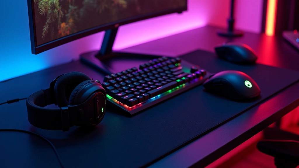 High-end gaming peripheral setup featuring mechanical keyboard, wireless mouse, headphones, and mouse pad on RGB-lit gaming desk with dramatic side lighting