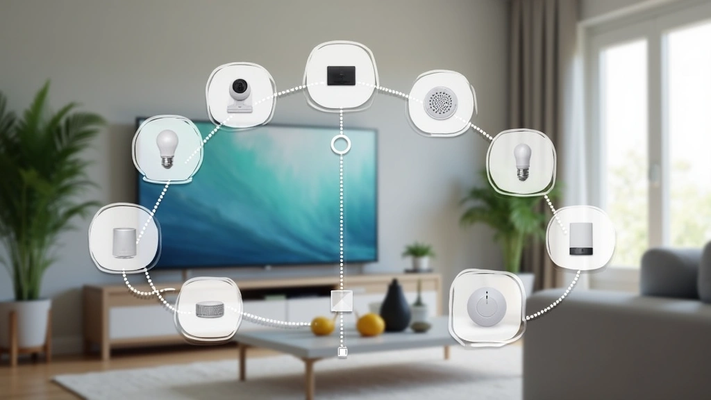 Modern smart home ecosystem display showing multiple connected devices including smart speaker, security camera, smart bulbs, and thermostat integrated into contemporary living room environment