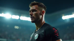 Professional athlete wearing chest-mounted biometric sensor during intense football training drill, sweat visible, stadium lights in background, photorealistic action shot