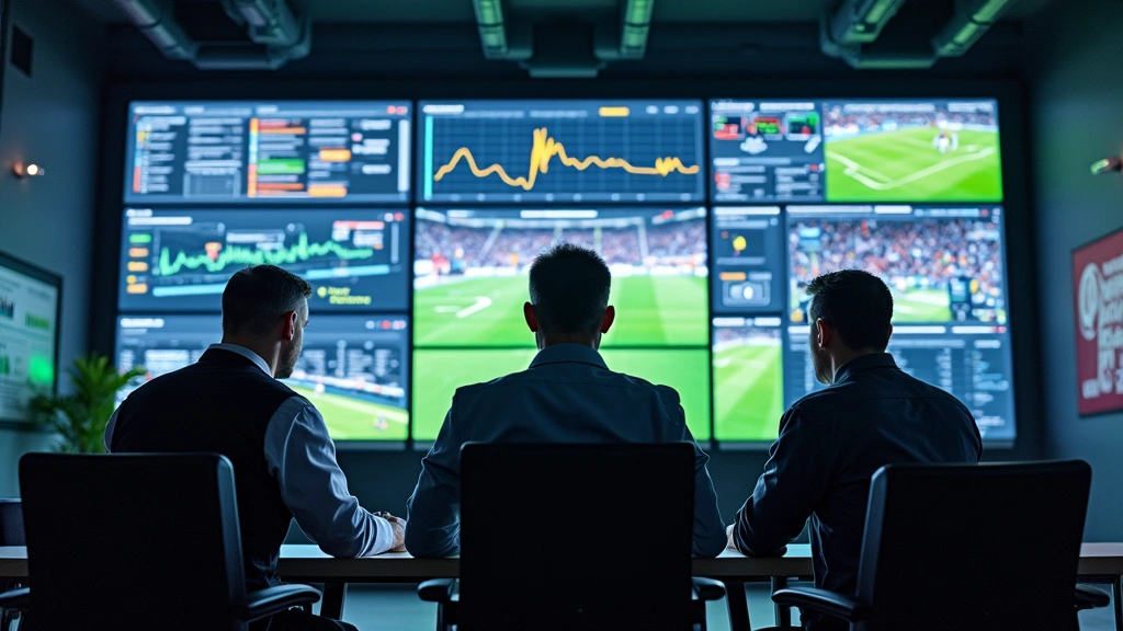 Football coaching staff reviewing real-time performance analytics on large digital display screens in modern facility, multiple monitors showing player data and video feeds, professional environment