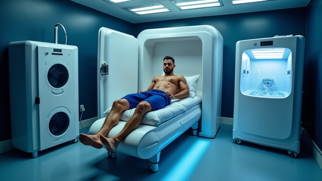 Advanced recovery chamber facility with compression therapy equipment and cold plunge pool, athlete receiving post-practice recovery treatment, high-tech sports medicine setting