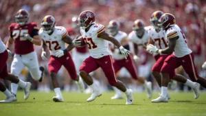 Professional football players in maroon and white uniforms executing running play on manicured field during daylight game, showing athletic intensity and teamwork in action
