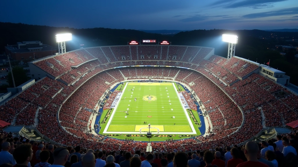 Aerial view of modern college football stadium during evening game with full bleachers, field lighting equipment, and crowd atmosphere in stadium environment