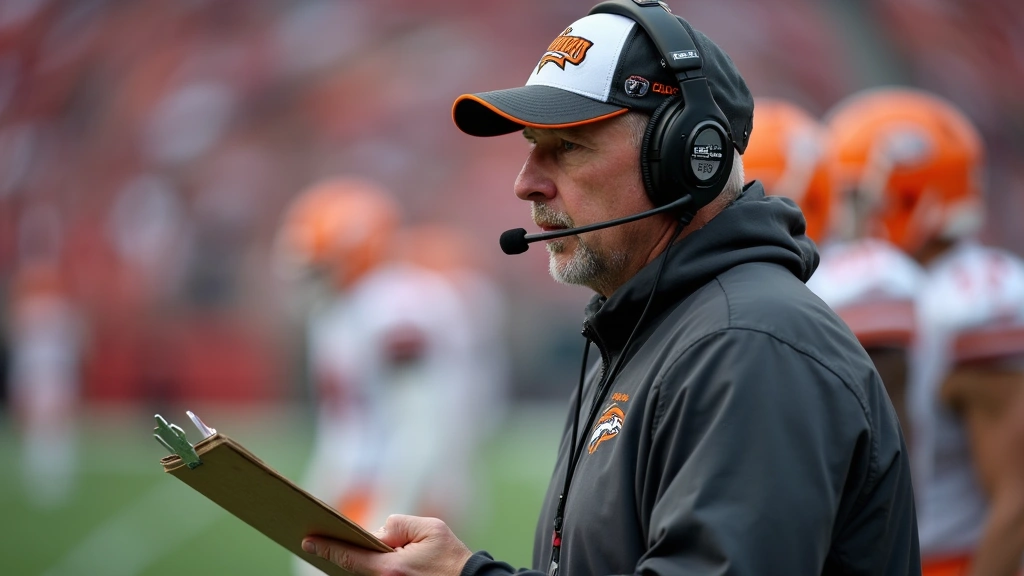 Close-up of football coach on sideline holding clipboard reviewing plays during game, wearing headset and team apparel, demonstrating strategic focus and leadership