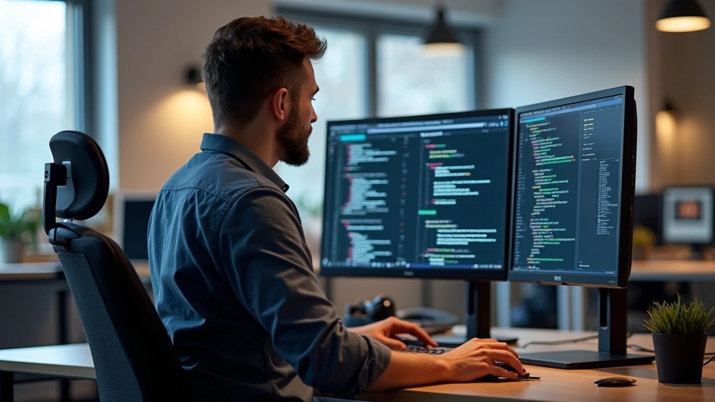 Modern software developer working at standing desk with dual monitors displaying code, professional office environment with natural lighting and ergonomic setup