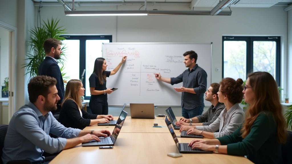 Diverse team of technology professionals collaborating in contemporary office space with whiteboards, laptops, and collaborative workspace setup