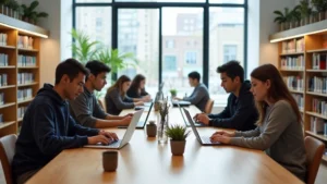 Modern library interior with students using laptops at collaborative wooden tables, large windows with natural light, contemporary minimalist design, tech-forward atmosphere