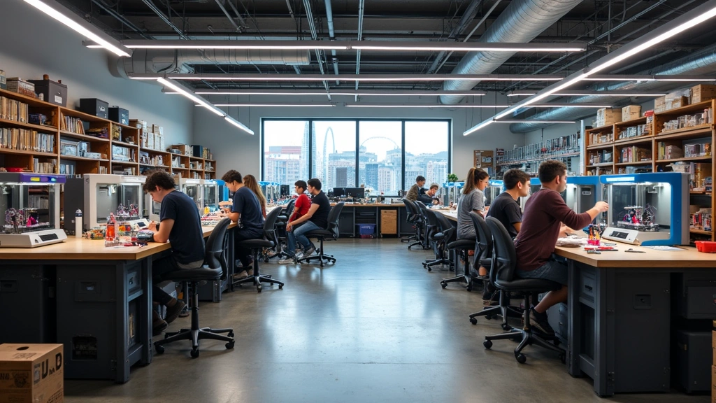 Maker space workshop with 3D printers, laser cutters, and electronics equipment on industrial shelves, students prototyping projects, bright LED lighting, open workspace