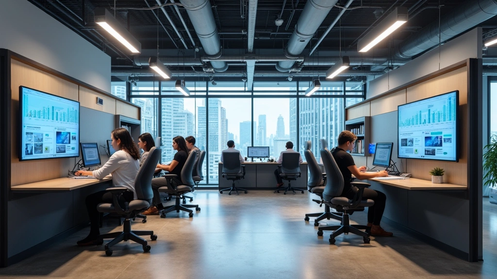 Tech library study pods with interactive digital displays, video conferencing screens, comfortable ergonomic seating, modern glass partitions, professional workspace environment