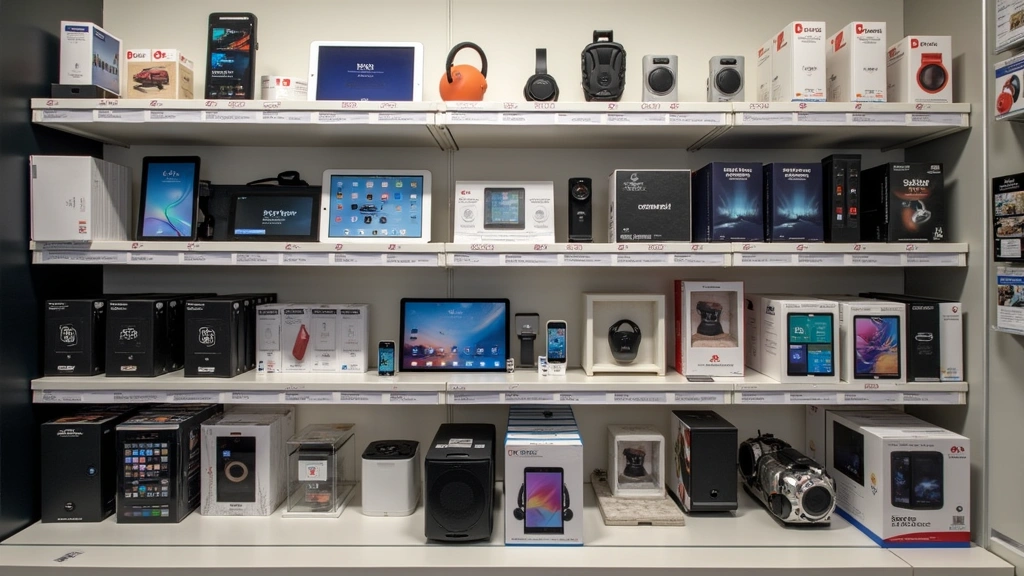 Organized retail shelving displaying various tech gadgets including tablets, portable speakers, wireless headphones, and tech accessories arranged by category with price tags visible