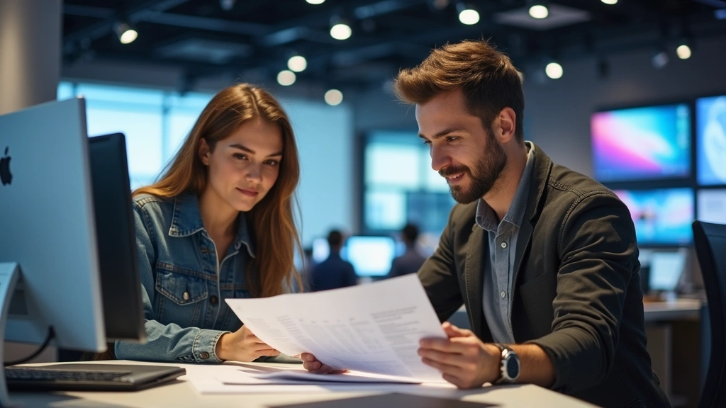 Knowledgeable salesperson assisting customer in technology store, examining laptop specifications together with product documentation, bright retail lighting environment