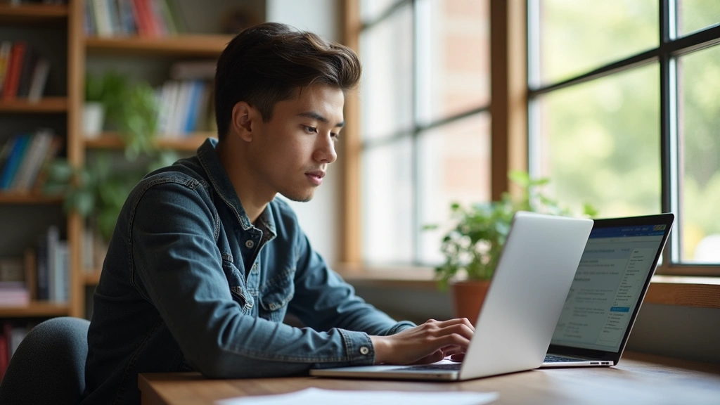 University student sitting at desk with laptop open showing registration interface, natural lighting from window, focused expression, realistic campus environment
