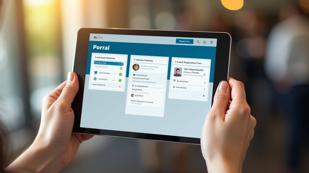 Tablet screen showing mobile-responsive portal interface with touch-friendly navigation buttons, academic calendar widget, and financial information display, hands visible holding device