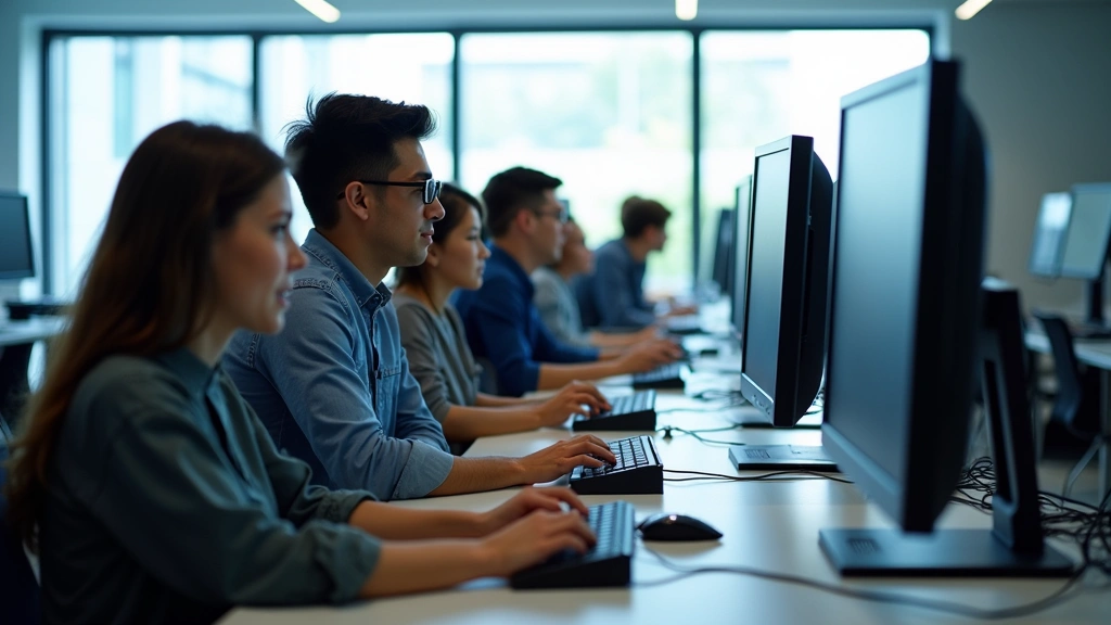 Modern computer lab with students working at workstations featuring multiple monitors and professional IT equipment, bright natural lighting from large windows, collaborative workspace atmosphere