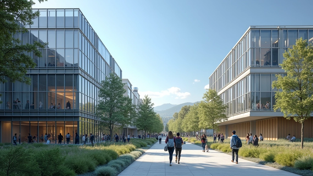 University campus building exterior with contemporary architecture, glass facades, technology-focused design, students walking between buildings carrying laptops and technical materials, clear blue sky