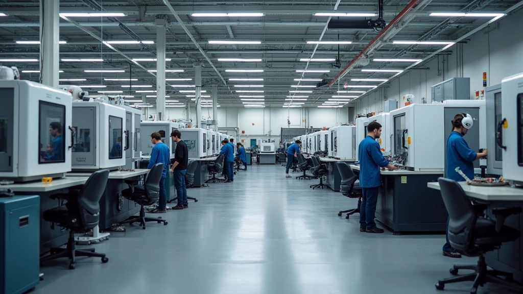 Engineering laboratory space with CNC machines, robotics platforms, and hands-on manufacturing equipment, students wearing safety gear operating machinery, professional industrial setting with organized workstations