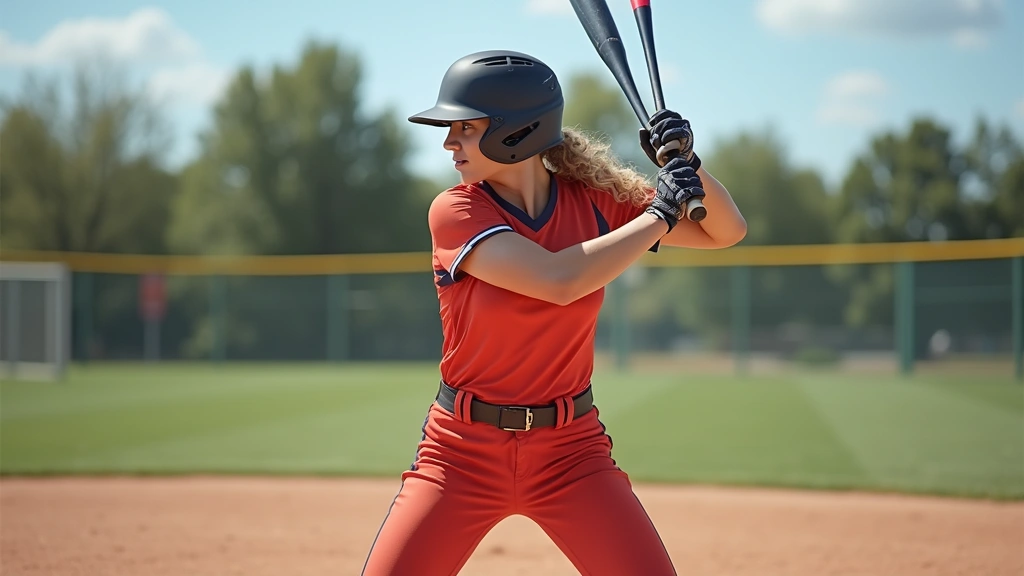 Professional softball player in batting stance holding composite bat mid-swing at practice facility, clear sunny day, focused athletic form