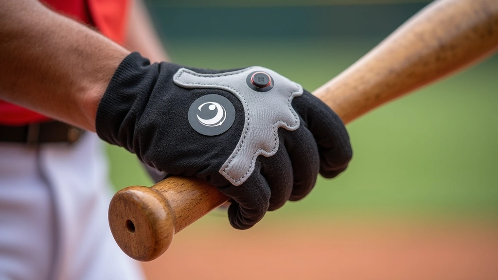 Close-up of premium batting glove on player's hand gripping wooden bat, moisture-wicking material visible, softball field background blurred