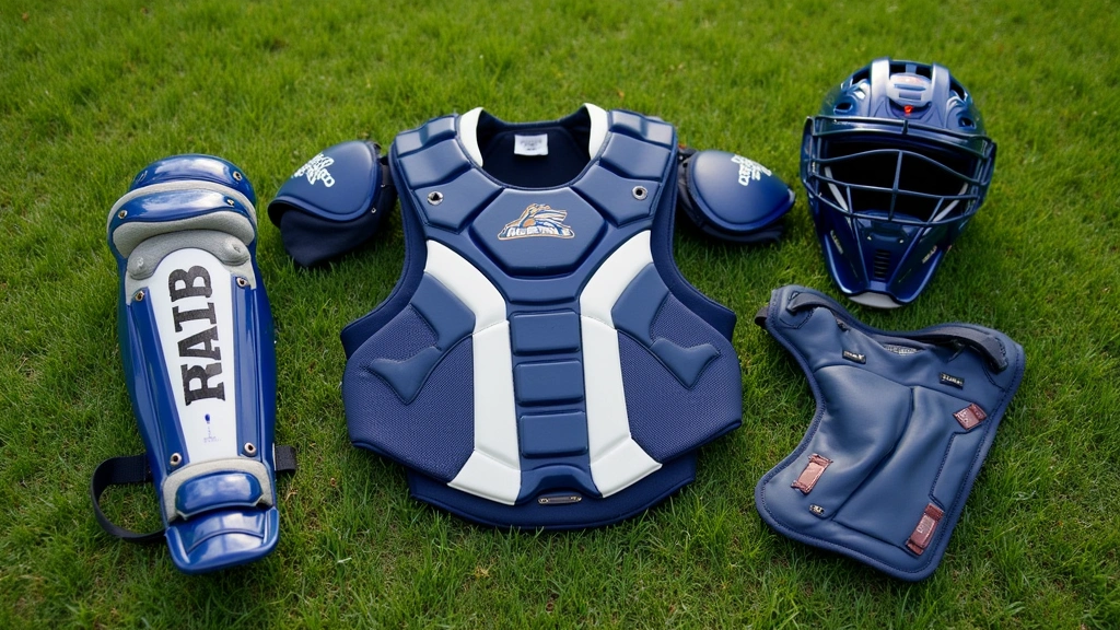 Catcher's protective gear laid out on grass including helmet, chest protector, shin guards, and throat protector, professional equipment setup