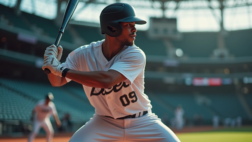 Professional baseball player in batting stance at plate during practice, realistic stadium lighting, focused expression, modern training facility background, no text or logos visible