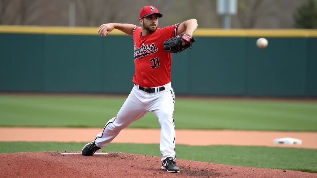 High-speed pitching motion captured mid-delivery, pitcher rotating through kinetic chain, baseball visible in flight, outdoor practice field setting, athletic movement demonstration