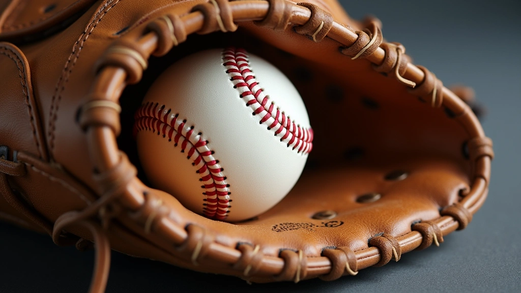 Baseball glove with baseball resting in pocket, detailed leather texture, professional quality equipment, neutral background, equipment detail showcase, no branding text visible