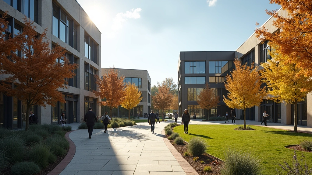 Modern university campus quad with students walking between academic buildings, natural lighting, contemporary architecture mixed with traditional structures, clear pathways and landscaping