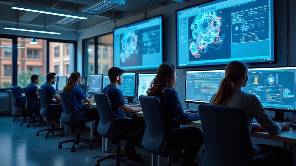 State-of-the-art computer lab with high-performance workstations, students collaborating at desks, large monitors displaying engineering software, professional tech environment with modern furniture