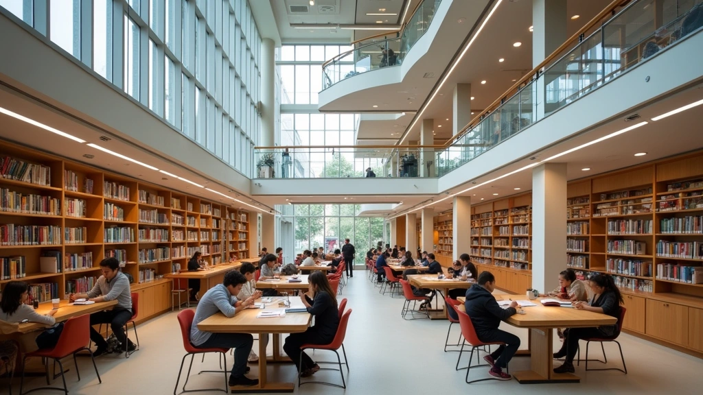University library interior featuring multiple study levels, comfortable seating areas, bookshelves, large windows with natural light, students studying individually and in groups, contemporary design