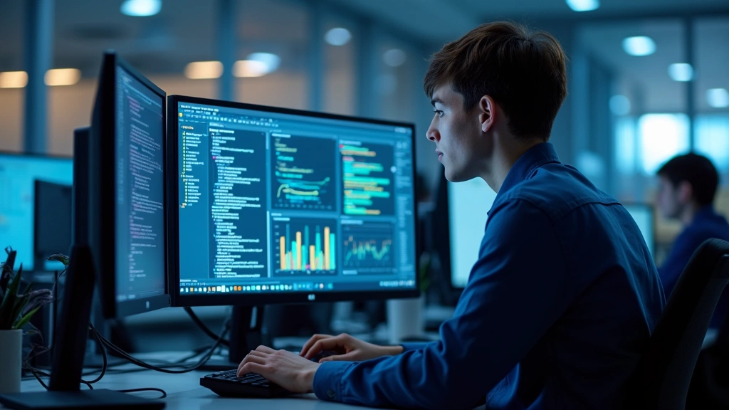 Professional computer science student working at desktop workstation with dual monitors displaying code and data visualization dashboards in modern university laboratory setting