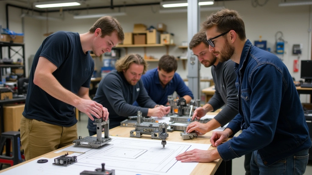 Engineering students collaborating around prototype equipment and technical drawings in state-of-the-art maker space with industrial tools and 3D printers