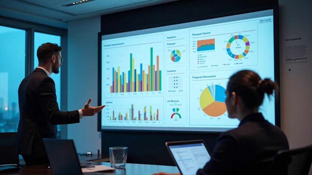 Business analytics student presenting data insights on large display screen showing interactive dashboard with colorful charts and performance metrics in corporate-style classroom