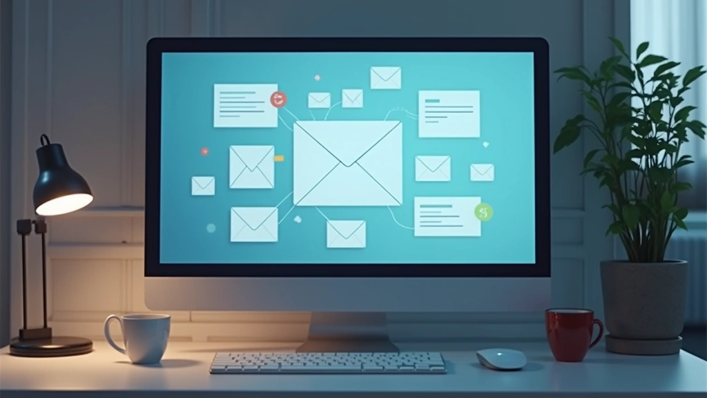 Professional modern email interface displayed on high-resolution computer monitor with clean minimalist design, professional workspace background, soft lighting, no visible text or logos, showing envelope icons and message folders