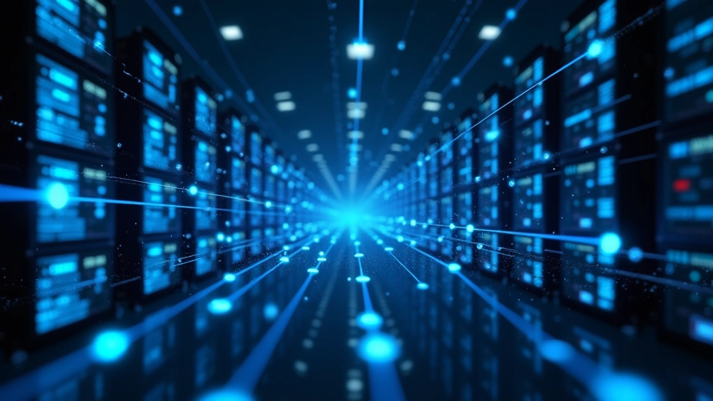 University campus network infrastructure visualization showing connected servers, data centers, and communication nodes with blue light paths, abstract technology background, professional server room aesthetic, no text overlays