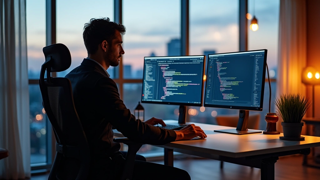 Professional software developer at ergonomic desk with dual monitors displaying code editor and cloud dashboard, modern office environment with Arkansas skyline visible through window, warm professional lighting