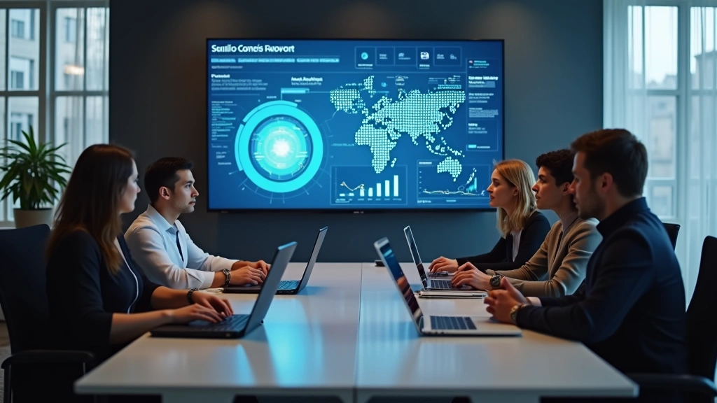 Team of diverse tech professionals collaborating around conference table with laptops and tablets, reviewing data analytics dashboard on large display screen, modern collaborative workspace